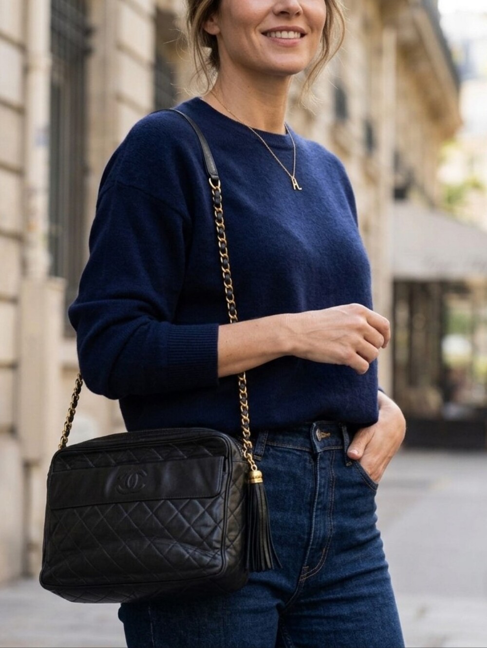 Vintage Chanel Black Matelasse Quilted Lambskin Camera Bag